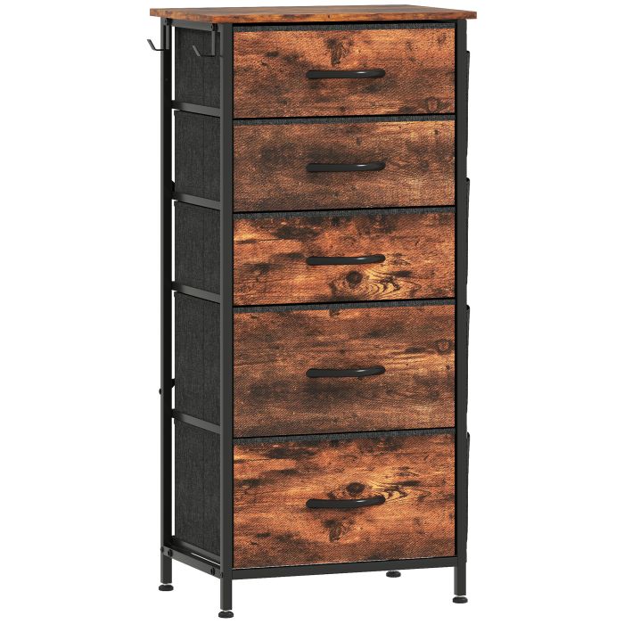 STOWLY Oak Finish Chest of Drawers - Tallboy, Medium-sized, 5 Drawers, Fabric Drawers