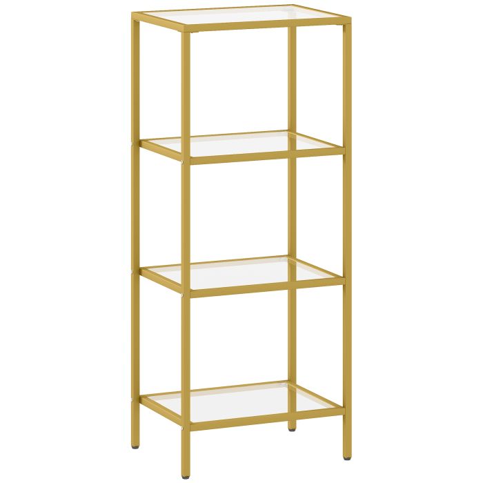 KALLIN Display Shelving Unit Metal 4 Tier with Glass Shelf - Gold Tone