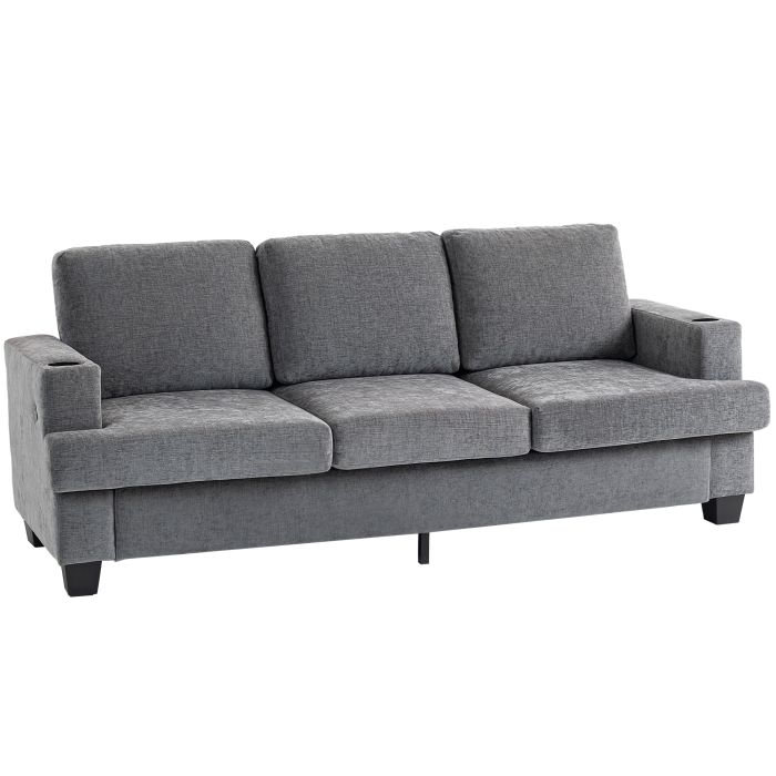 LARIX Chenille Fabric 3 Seater Fullback Sofa with Cup Holders - Grey