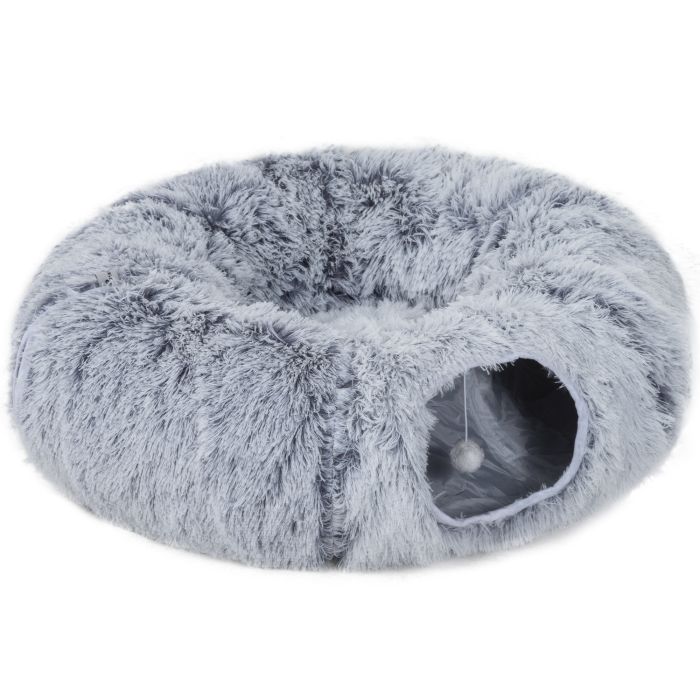 ZARIN 2-in-1 Donut Cat Tunnel Plush with Washable Bed and Toy Ball - Light Grey