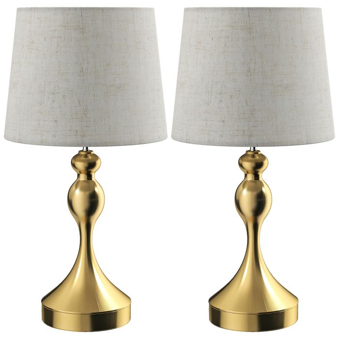 HELVARIN Table Lamp 3 Colour Temperatures with USB A+C Charging Ports and Linen Shade Set of 2 - Gold