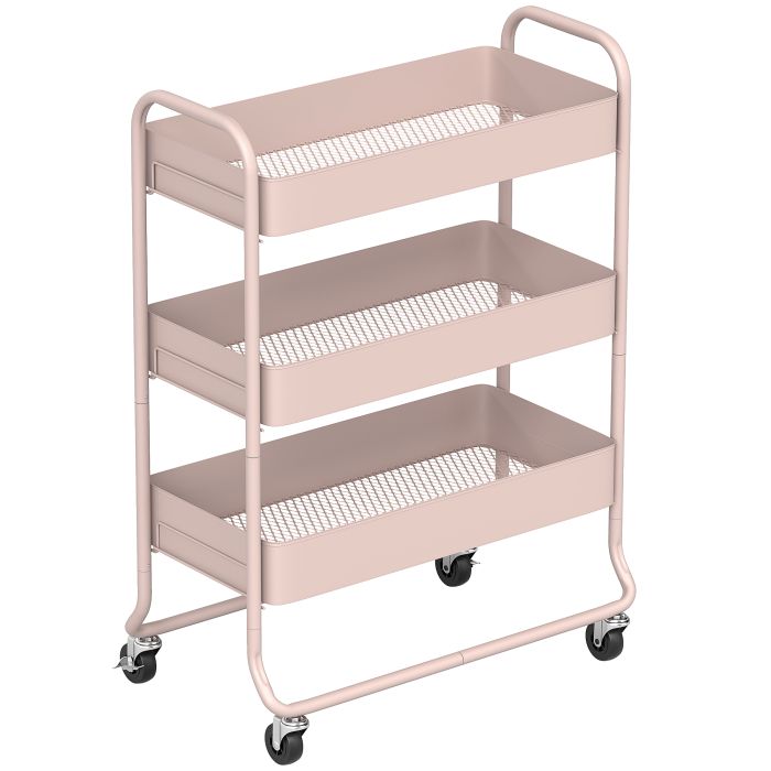 WALVORN 3-Tier Storage Trolley on Wheels with Rolling Utility Cart and Mesh Backets - Pink