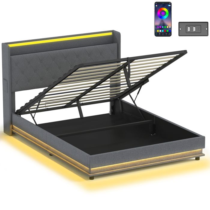 Valford Kingsize Ottoman Storage Fabric Bedframe with LED Light - Dark Grey