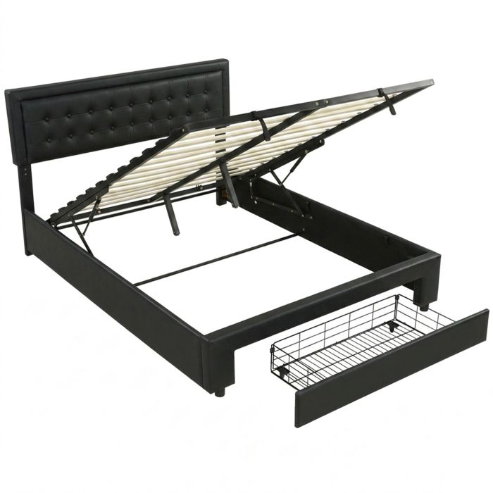XERYTHRA Kingsize PU Leather Ottoman Storage Bedframe with Front Drawer - Black