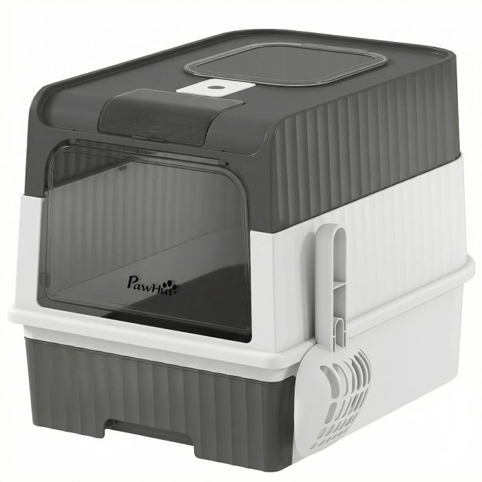 SANDHURST Enclosed Cat Litter Box with Pull Out Tray, Scoop, Front Entry and Top Exit - Grey, White and Black
