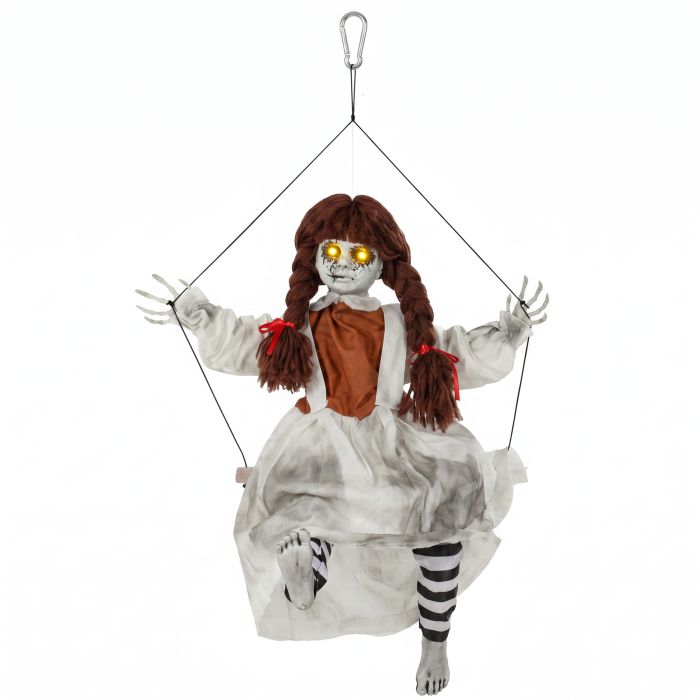 BRIERLEY 80 cm Animated Hanging Creepy Girl on Swing with Kicking Legs, Sound and Touch Activation - Red Brown and Cream White