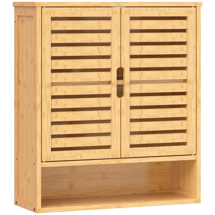 HIGHBURY Bathroom Wall Cabinet with 2 Louvered Doors, Open Shelf and Adjustable Shelf - Oak