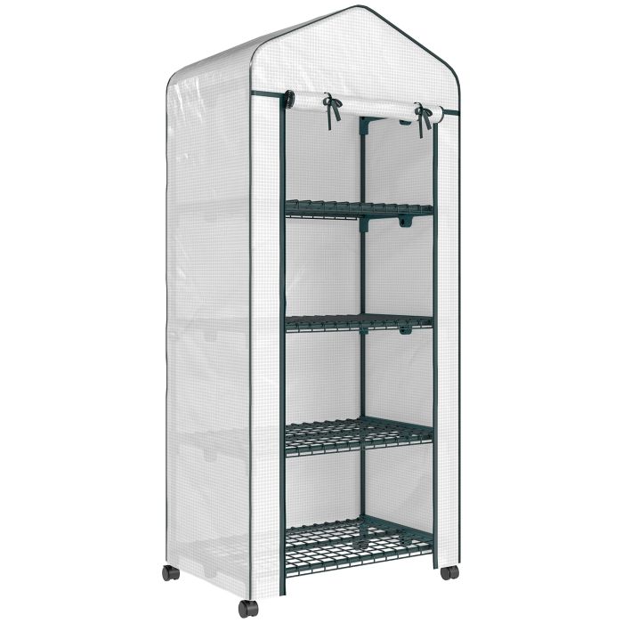 BIRCHAM 4 Tier Portable Mini Greenhouse with Metal Frame, PE Cover and Lockable Wheels - White and Dark Green