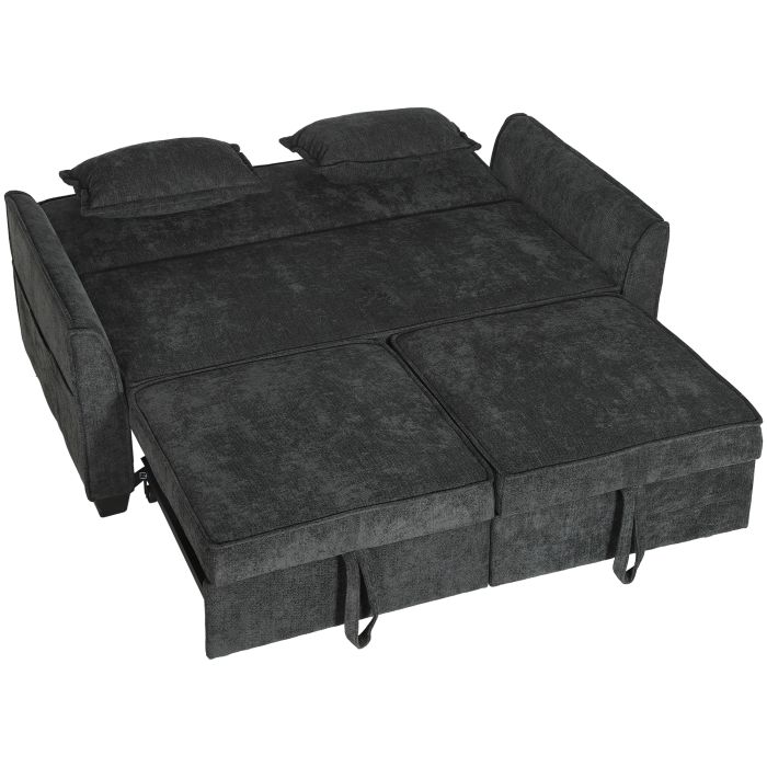 BRIDLINGTON Chenille 2 Seater Sofa Bed with 4 in 1 L Shaped Pull Out Sleeper and Side Pockets - Black