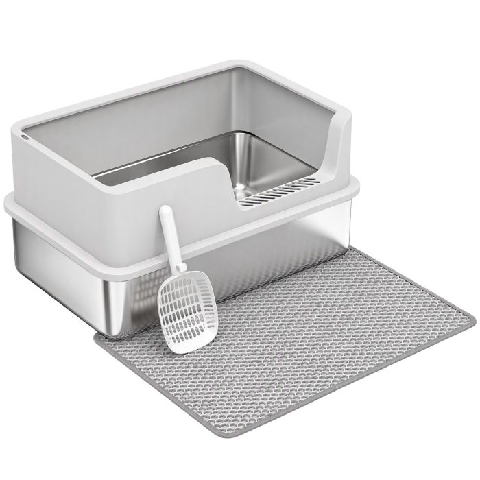 CANVASSIDE XL Stainless Steel Cat Litter Tray with Lid and Scoop - Light Grey