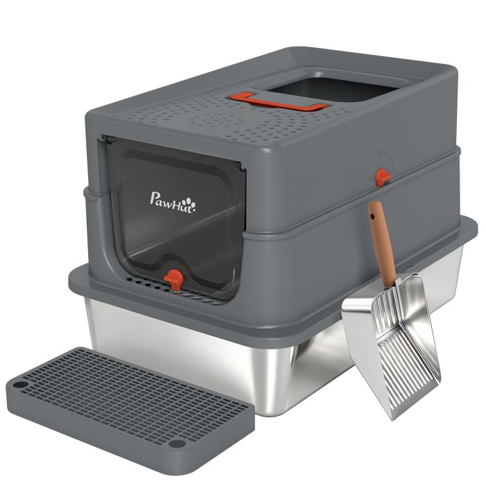 CHASESIDE 90L Stainless Steel Cat Litter Tray with Lid and Step - Dark Grey