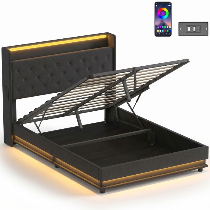 COMETLEY 4ft6 Double Bed Frame with Hydraulic Storage, LED Lights and Charging - Black