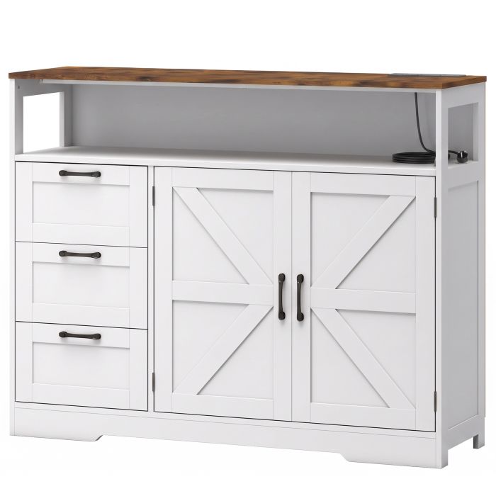 BRIARLEY Sideboard Cabinet with Power Outlet, 3 Drawers and Open Shelf - White