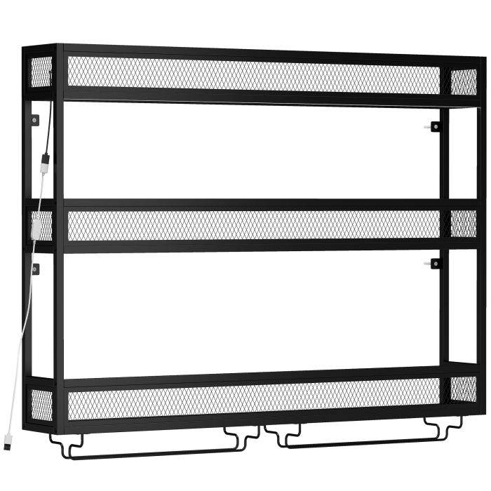BLOOMWORTH Wall-Mounted Wine Rack with LED Lights and Glass Holders - Black