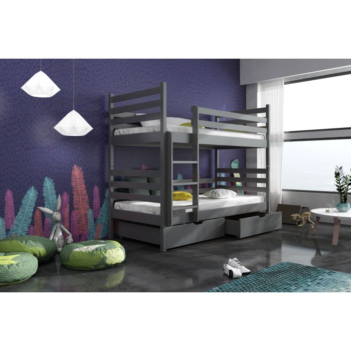 Naomi Wooden Bunk Bed with 2 Drawers Storage and Bonnell Foam Mattress - Graphite