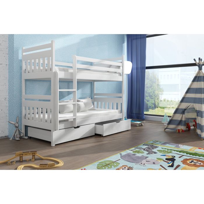 Zeus Wooden Kids Bunk Bed with Drawers Storage and Bonnell Foam Mattress - White