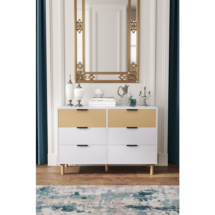 Chic White Storage Cabinet with Patterned Top Drawers and Tapered Legs