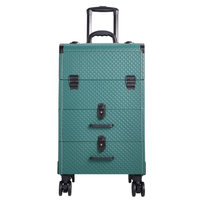 3 In 1 Large Dark Green Cosmetic Trolley Case On 360 Swivel Castors Wheels