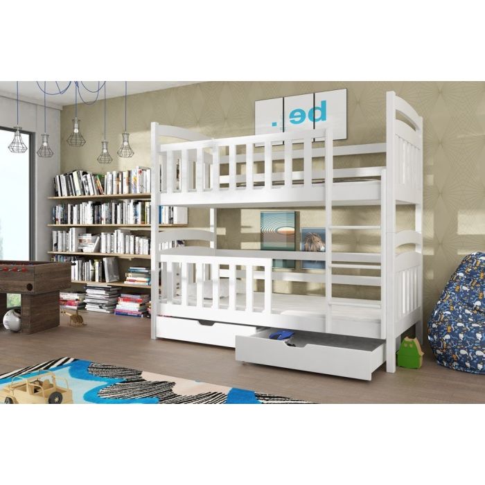 SERENA Wooden Bunk Bed with Storage and Foam Mattress - White