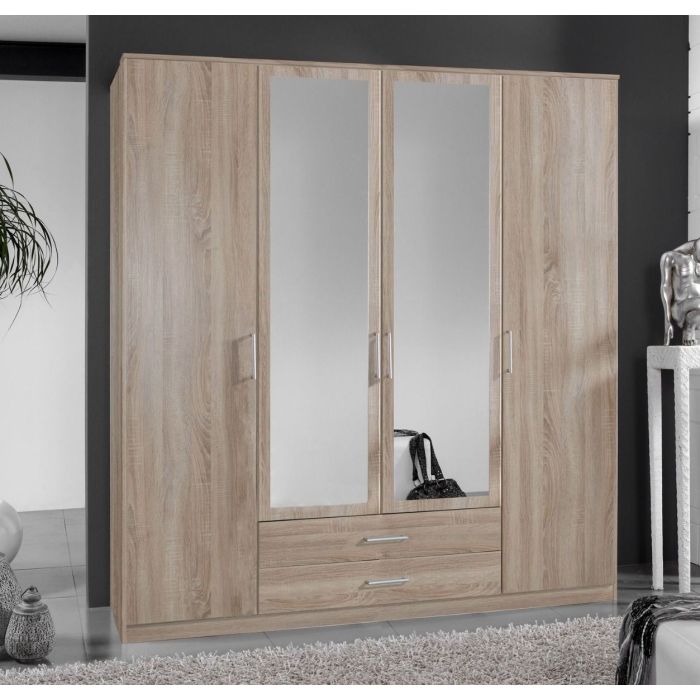 Oscar 4 Door 2 Drawer Mirrored Wardrobe - Oak