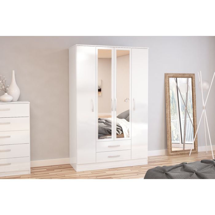 Lynx 4 Door 2 Drawer Mirrored Wardrobe - White