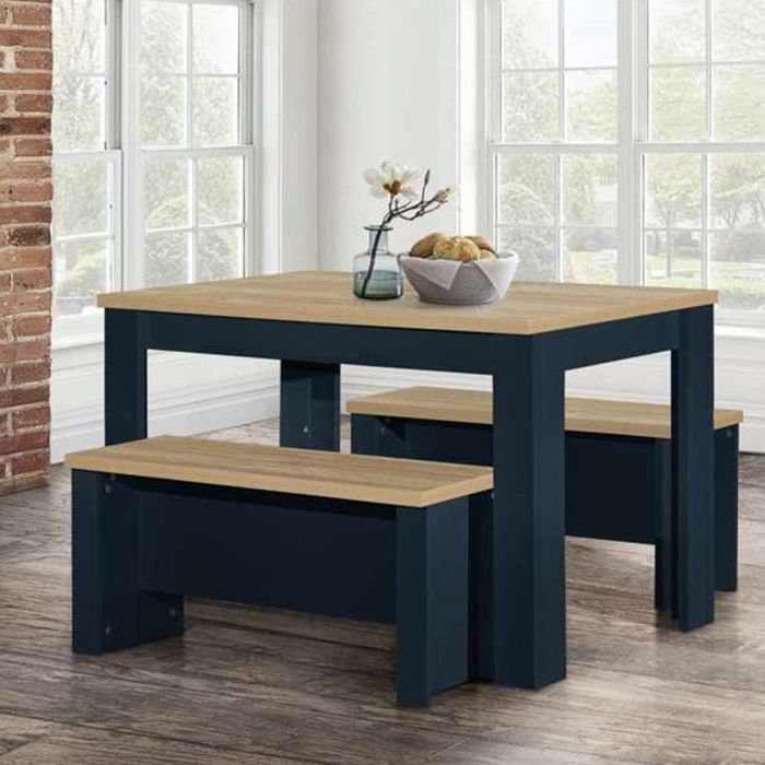 Modern Design Oak Top Dining Table Set with Bench - Navy Blue