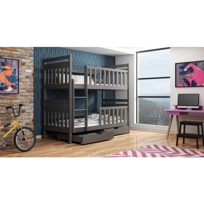Montreal Wooden Bunk Bed with 2 Drawers Storage and Bonnell Foam Mattress - Graphite