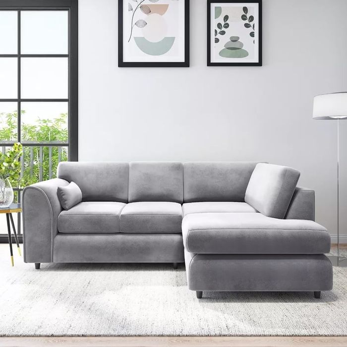 DELANO Plush Velvet 4 Seater L Shaped Fullback Corner Sofa - Light Grey, Left Hand Facing