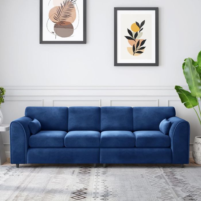 DELANO Plush Velvet 4 Seater Fullback Sofa - Midnight Blue