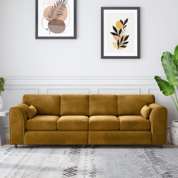 DELANO Plush Velvet 4 Seater Fullback Sofa - Mustard