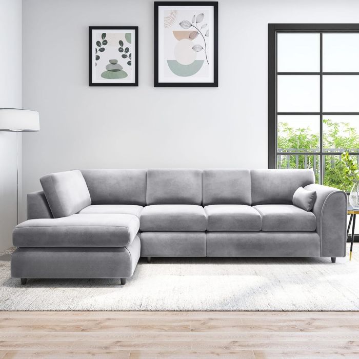 DELANO Plush Velvet Large 5 Seater L Shaped Fullback Corner Sofa - Light Grey, Left Hand Facing