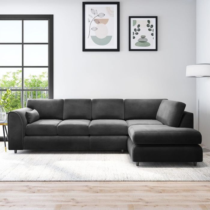 DELANO Plush Velvet Large 5 Seater L Shaped Fullback Corner Sofa - Black, Right Hand Facing