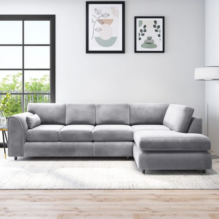 DELANO Plush Velvet Large 5 Seater L Shaped Fullback Corner Sofa - Light Grey