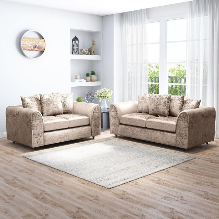 VELOURA Crush Velvet 3 and 2 Seater Scatterback Sofa Set - Mink