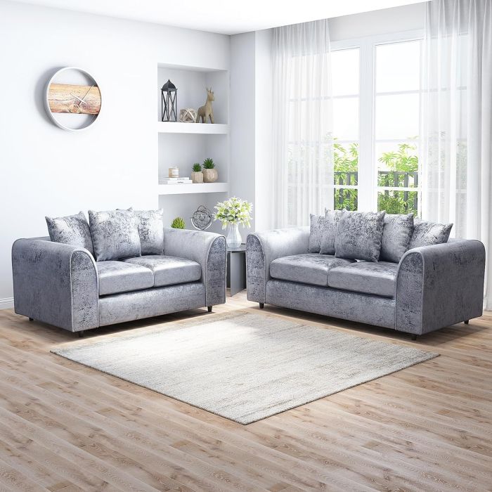 VELOURA Crush Velvet 3 and 2 Seater Scatterback Sofa Set - Silver