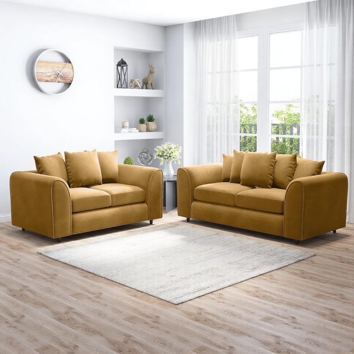 DELANO Plush Velvet 3 and 2 Seater Scatterback Sofa Set - Mustard