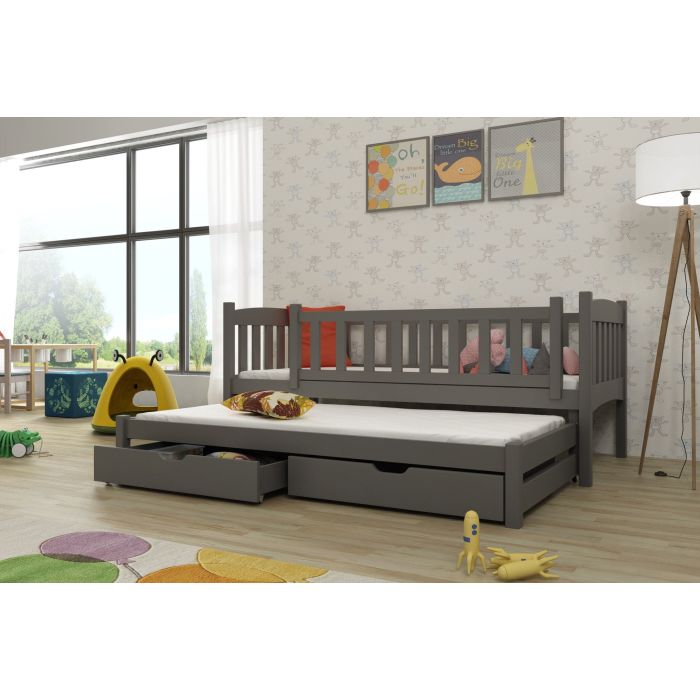 MALAIKA 2 Drawers Storage Wooden Double Bed with Trundle and Foam Mattress - Graphite