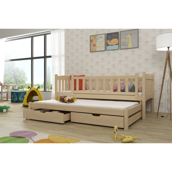 MALAIKA 2 Drawers Storage Wooden Double Bed with Trundle and Foam Mattress - Pine