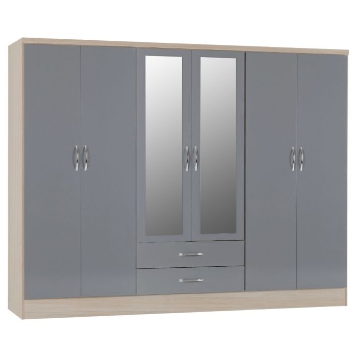 NEWBIGGIN 6 Door Mirrored Wardrobe with 2 Drawers Grey Gloss with Light Oak - 230cm
