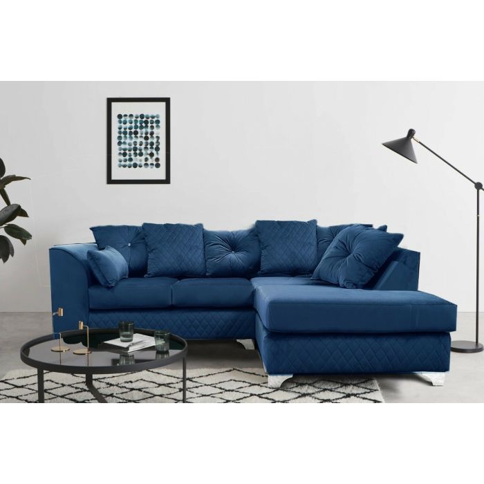 VICTORIA Plush Velvet 4 Seater L Shaped - Right Hand Facing Corner Sofa - Blue