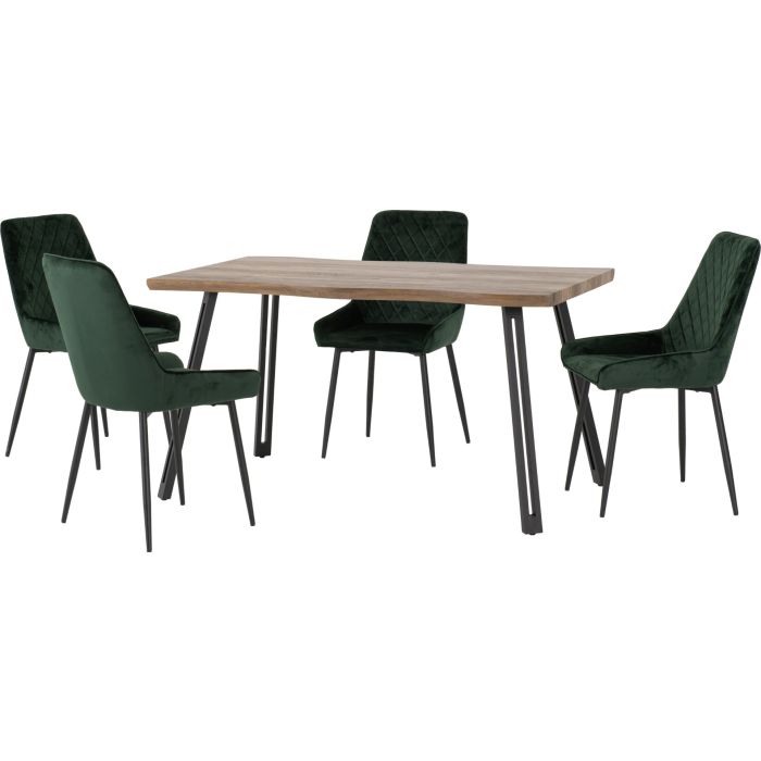 Quebec Wave Edge Dining Set with Avery Chairs - Oak Effect Black Emerald Green Velvet