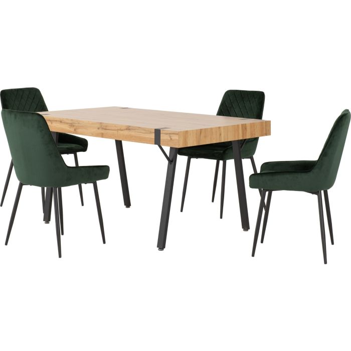 Treviso Dining Set with Avery Chairs - Light Oak Effect Black Emerald Green Velvet