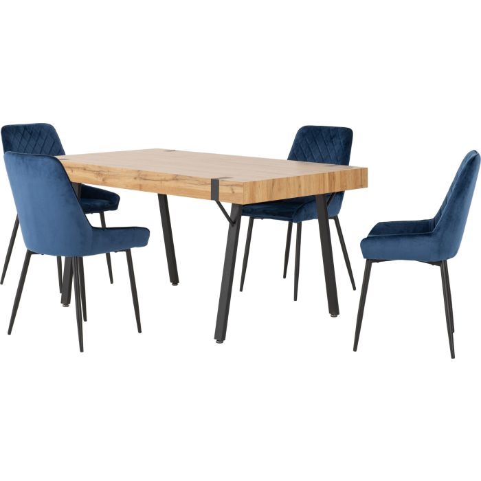Treviso Dining Set with Avery Chairs - Light Oak Effect Black Sapphire Blue Velvet