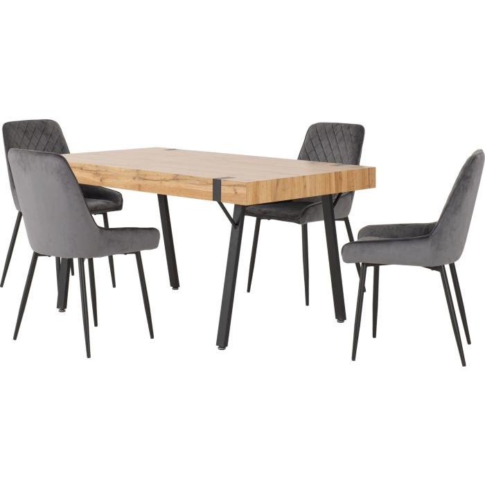Treviso Dining Set with Avery Chairs - Light Oak Effect Black Grey Velvet