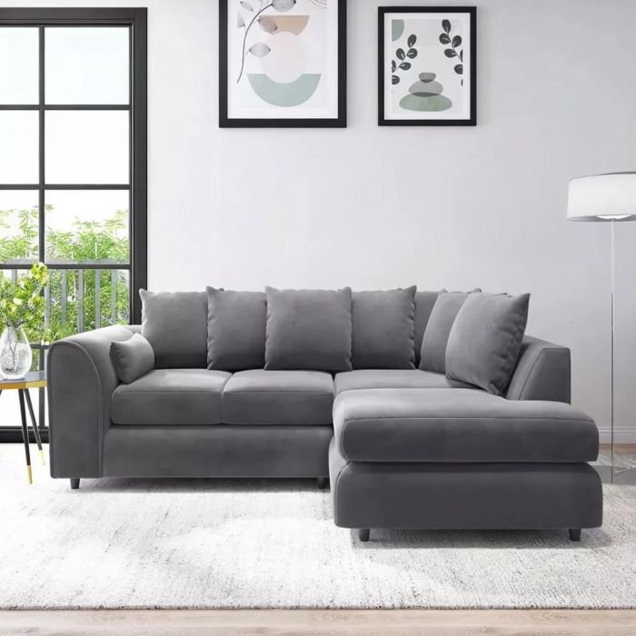 DELANO Plush Velvet 4 Seater L Shaped Scatterback Corner Sofa - Dark Grey
