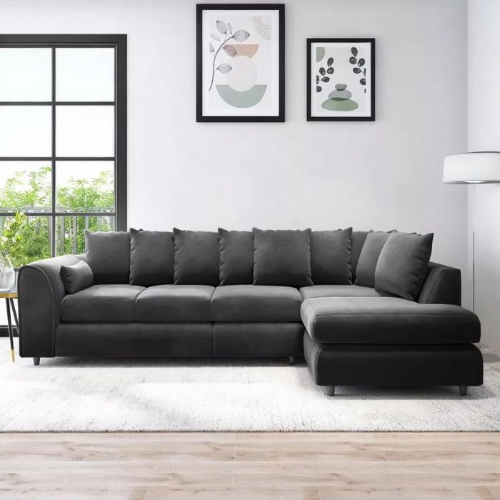 DELANO Plush Velvet Large 5 Seater L Shaped Scatterback Corner Sofa - Black, Right Hand Facing