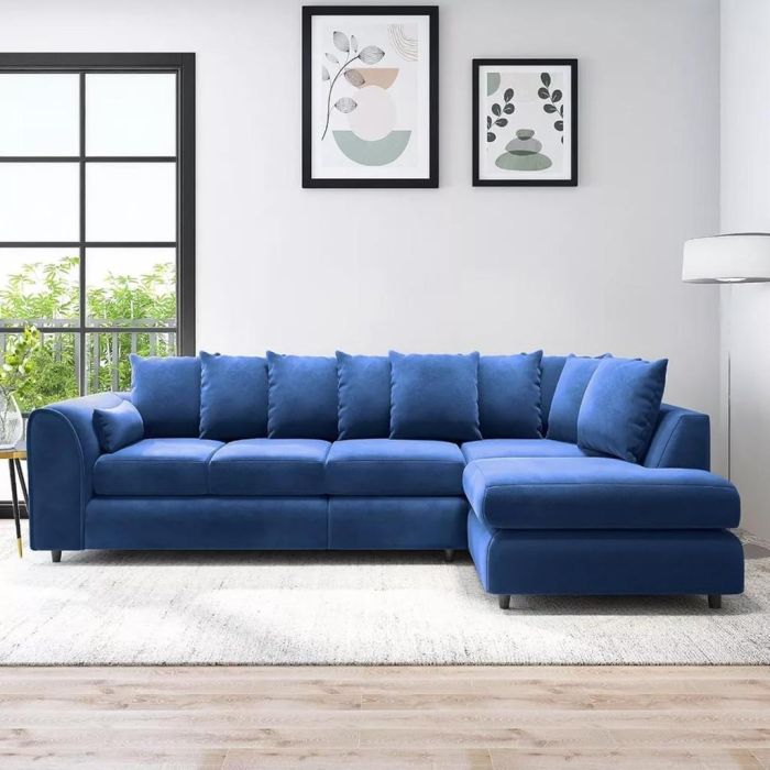 DELANO Plush Velvet Large 5 Seater L Shaped Scatterback Corner Sofa - Midnight Blue