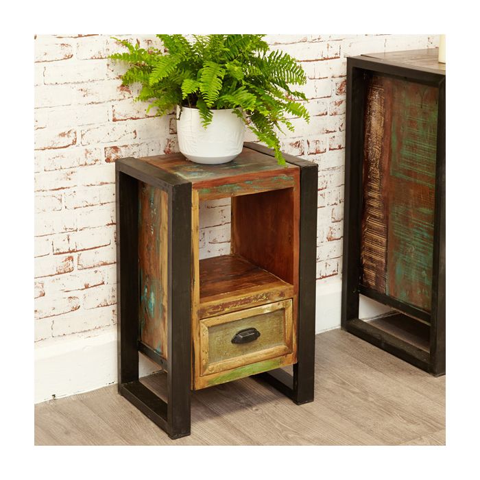 Laura Urban Edge Side End Lamp Table with Drawer and Open Shelf - Natural Wood