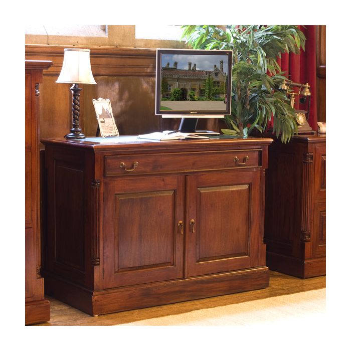 Royston 2 Door Computer Table With Keyboard Drawer and Antiqued Brass Handles - Mahogany Finish