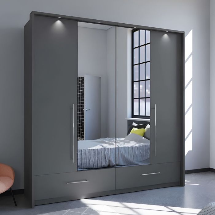 LINDSEY 2 Door Mirrored Wardrobe with 2 Drawers Graphite - 209cm